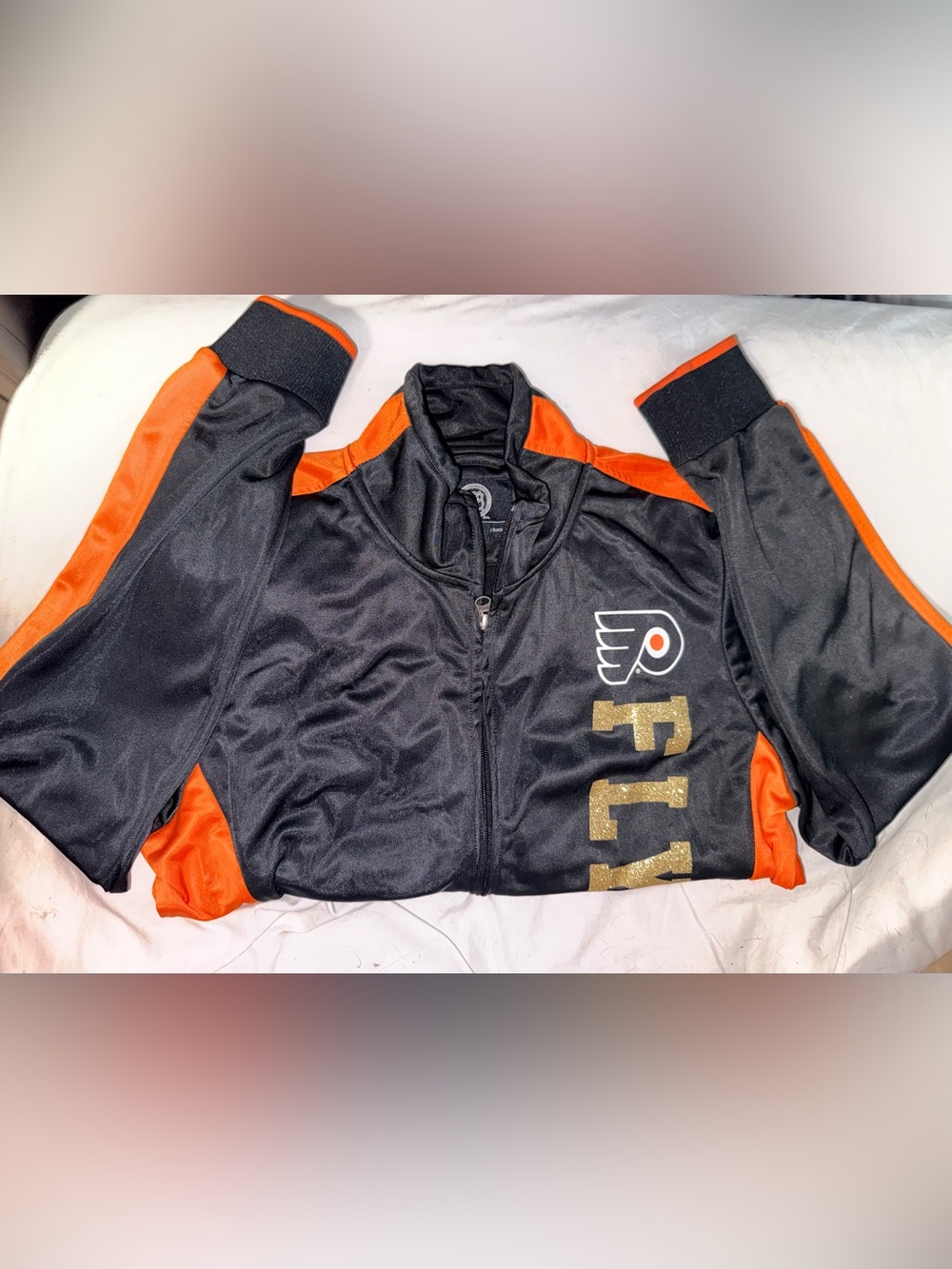 Philadelphia Flyers Black & Orange Zip Up Jacket with Gold Glitter Logo NWOT